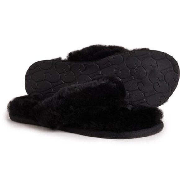 NIB UGG FUR FLIP‎ FLOP SANDALS SLIPPERS BLACK - Picture 1 of 10
